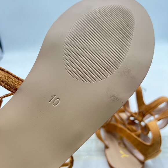 YDN Tan Sexy Knee High Lace up Flats Fringe Gladiator Strap Sandals - Picture 6 of 8